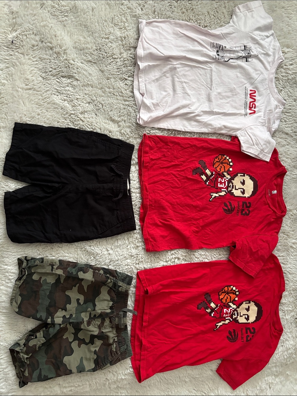 Kids Boys size 10/12 Tee Shirts and shorts-- NASA, Toronto raptor, army camo